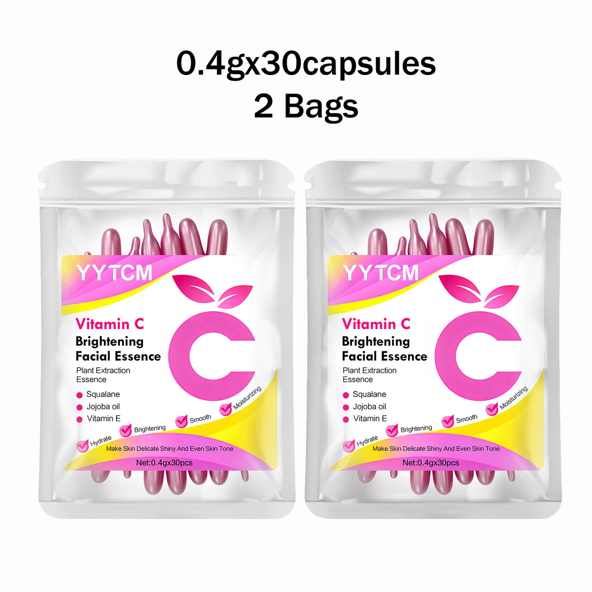 Vitamin C Skin-Brightening and Moisturizing Capsule Essence, Hydrates and Smooths the Skin, Contains Plant-Based Squalane, Vitamin E, Magnolia Oil, and Jojoba Seed Oil for Deep Hydration and Skin Brightening Essence (0.4Gx30