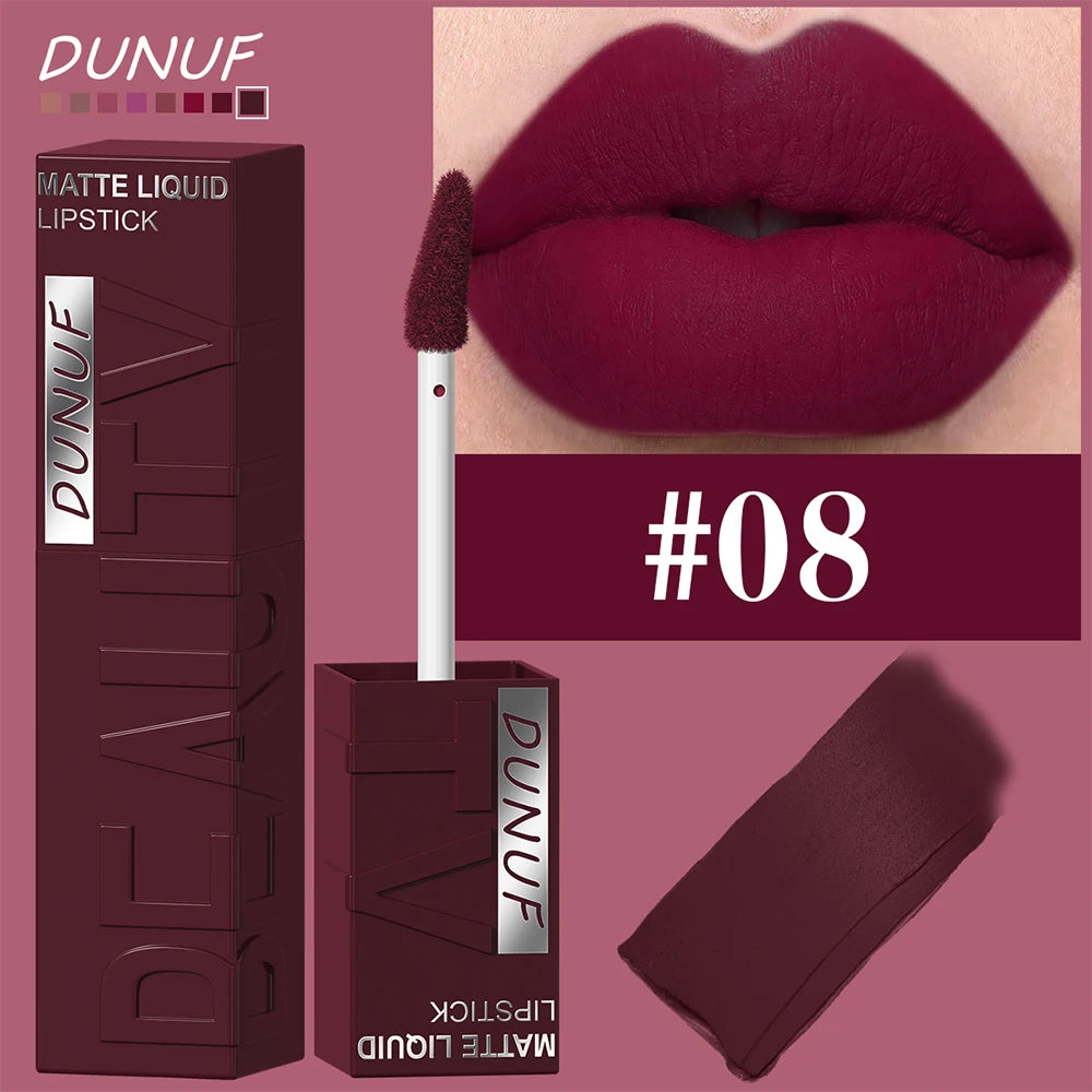 DUNUF 8-Color Matte Velvet Smooth Easy-to-Apply Square Tube Lip Gloss Waterproof Three-Dimensional Plumping Lipstick