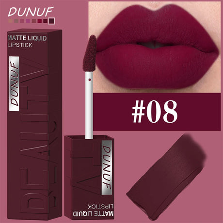 DUNUF 8-Color Matte Velvet Smooth Easy-to-Apply Square Tube Lip Gloss Waterproof Three-Dimensional Plumping Lipstick