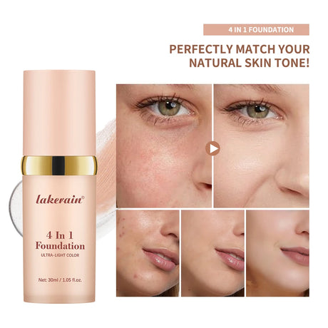 SPF30+Color Changing Foundation 4 in 1 Sun Liquid Moisture Waterproof Nourishes Coverage for All Skin Types Free Puff