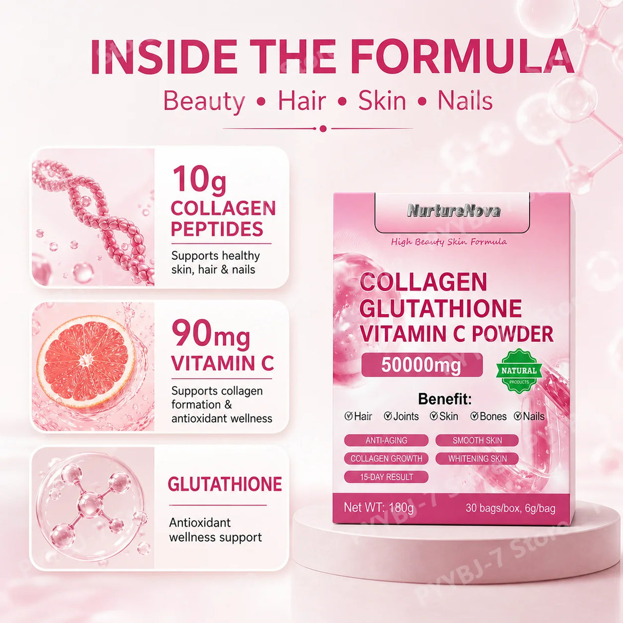 Collagen Peptides Glutathione Vitamin C Powder 30 Sachets, Marine Collagen Drink Mix Antioxidant Wellness Support