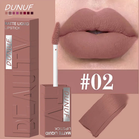 DUNUF 8-Color Matte Velvet Smooth Easy-to-Apply Square Tube Lip Gloss Waterproof Three-Dimensional Plumping Lipstick