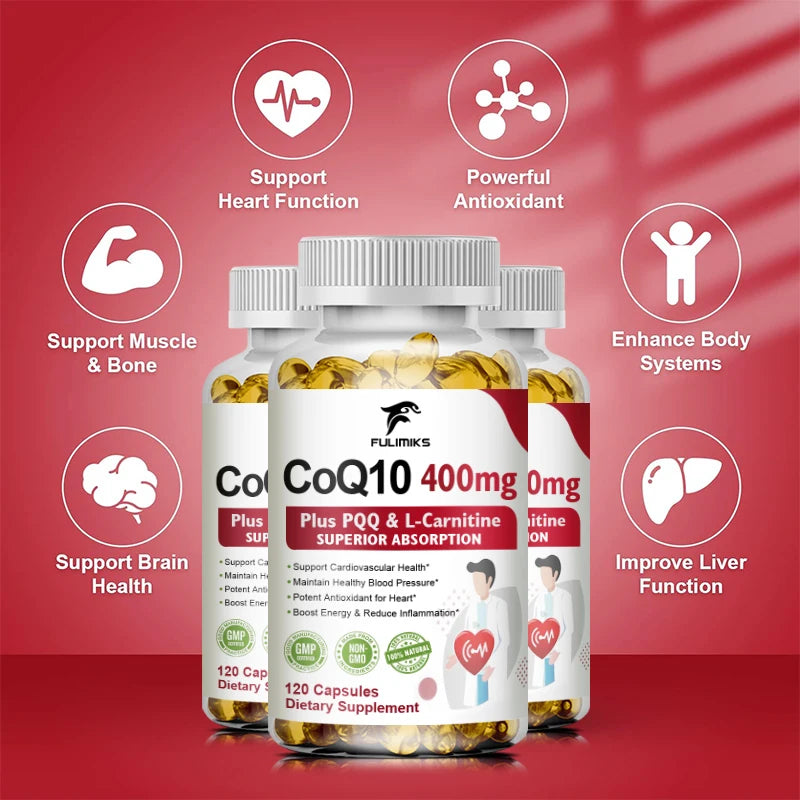 CoQ10 Ubiquinone 400mg Supplement, with L-Carnitine & PQQ, Supports Heart Health, Energy Metabolism, Antioxidant & Vitality
