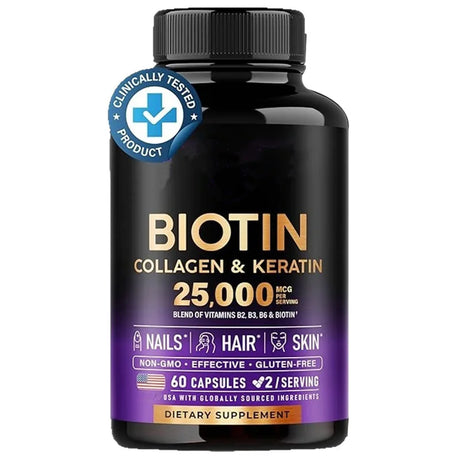 Biotin Capsules Contain Collagen and Vitamin B2, B3, B6 & B7 for Women Men Hair Care Supplements Skin & Nails Support 60 Pieces