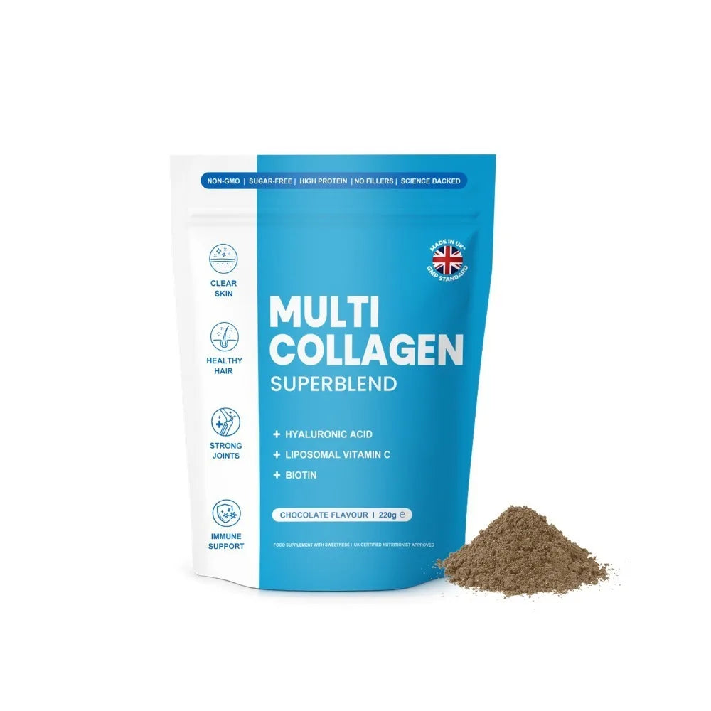 Hydrolyzed Multi Collagen Powder with Hyaluronic Acid, Liposomal Vitamin C Biotin and Grape Seed Extract Chocolate Formula 220g