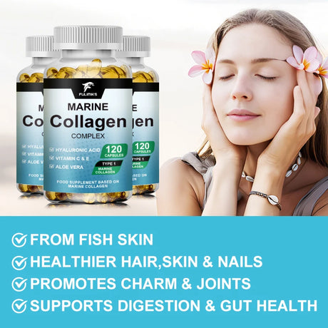 Marine Collagen Supplement, with Hyaluronic Acid & Vitamins, Supports Skin Elasticity, Hair Growth, Nail Strength & Anti-Aging