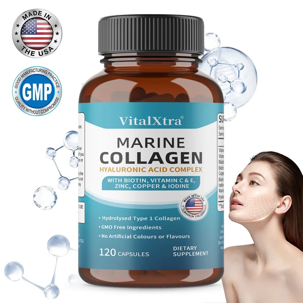 Marine Collagen Complex Capsules - Hyaluronic Acid Biotin, Support Skin Hair Nail Condition, Joint Cartilage & Body Wellness