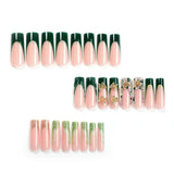 24Pcs Green French Golden Butterfly Square Press On Nails,Reusable Removable,For Daily Wear,High Quality Nail Art, Free Shipping