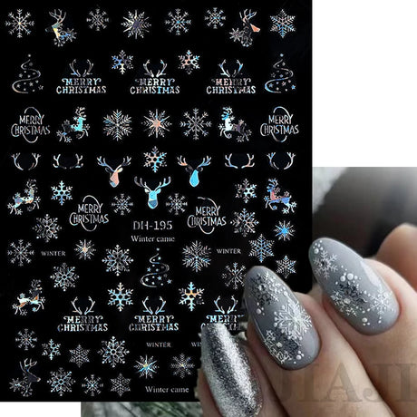 Sliver Bronzing 3D Christmas Nail Art Decoration Sticker Sparkly White Colorful Glitter Geometry Snowflake Winter Slider Foil