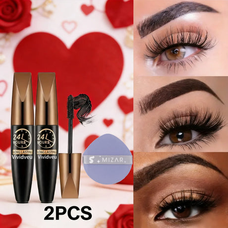 2PCS Waterproof Fiber Mascara + puff, providing curl and volume, long-lasting black formula, waterproof, smudge-resistant, non-s