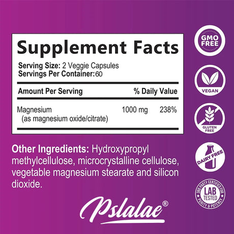 Magnesium Citrate Capsules 1000 Mg - Maximum Absorption for Muscle, Nerve, Bone and Heart Health Gluten Free, Non-GMO