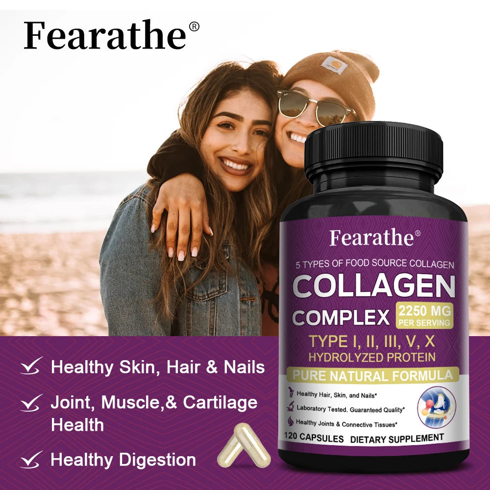 Multi Collagen Complex Capsules, 5-Type Collagen Peptides, Support Skin Hair Nail Joint Bone Nutrition Immune & Digestive Health