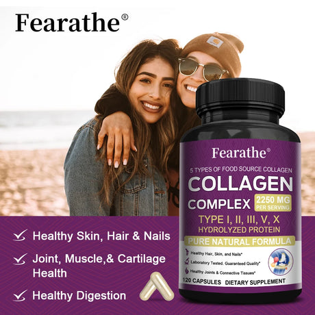 Multi Collagen Complex Capsules, 5-Type Collagen Peptides, Support Skin Hair Nail Joint Bone Nutrition Immune & Digestive Health