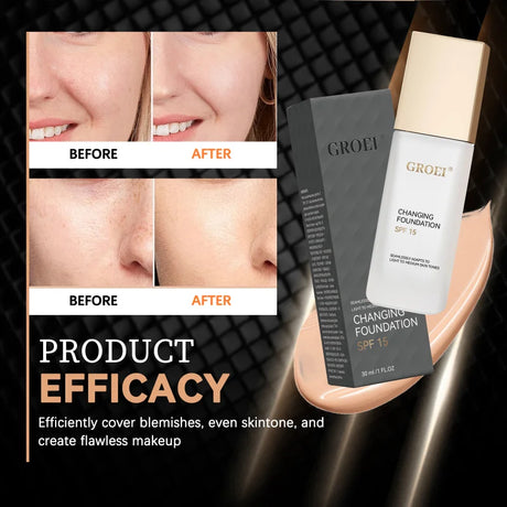 GROEI Changing Foundation SPF 15 - 30ml Adaptive Color Makeup, Auto-Match Your Skin Tone, Lightweight Cover Blemishes & Redness