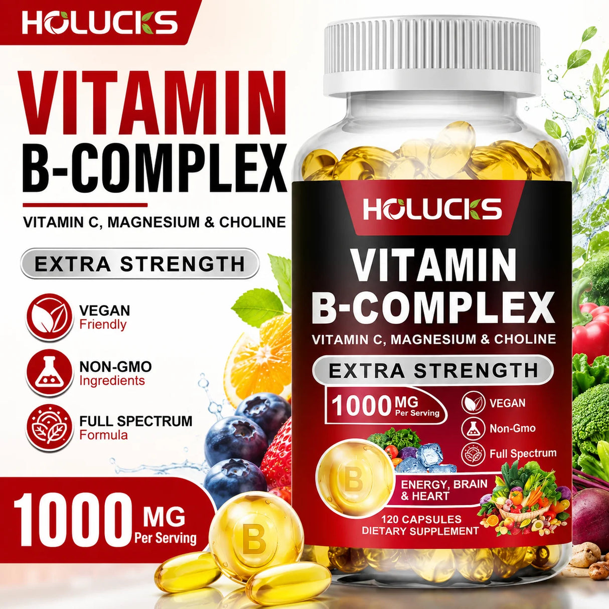 Vitamin B Complex Supplement, Rich in B1, B2, B3, B5, B6, Biotin, Strength Energy, Support Brain & Heart, Promote Metabolism