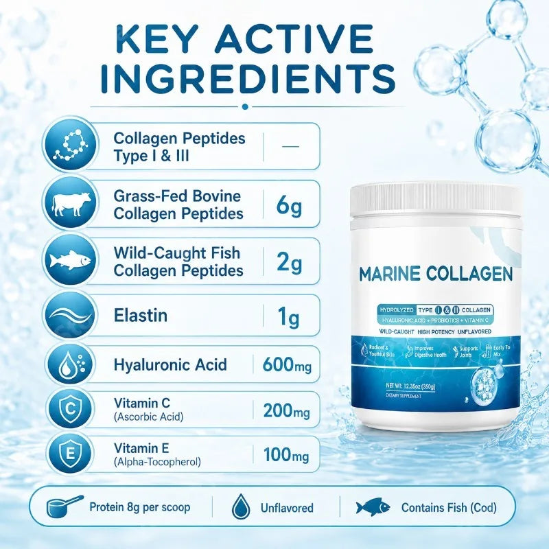 Marine Collagen Peptides Powder Type I III Collagen with Probiotics Vitamin C Hyaluronic Unflavored  12.35oz/35 Servings