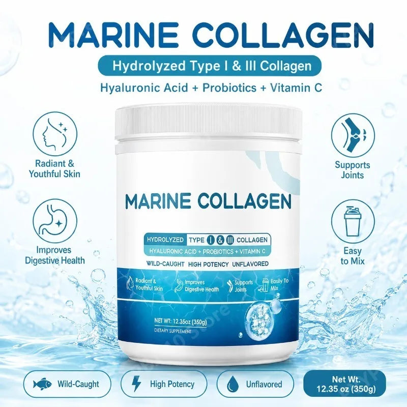 Marine Collagen Peptides Powder Type I III Collagen with Probiotics Vitamin C Hyaluronic Unflavored  12.35oz/35 Servings