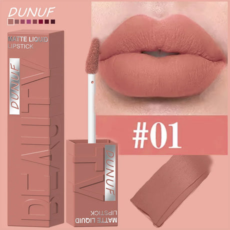 DUNUF 8-Color Matte Velvet Smooth Easy-to-Apply Square Tube Lip Gloss Waterproof Three-Dimensional Plumping Lipstick