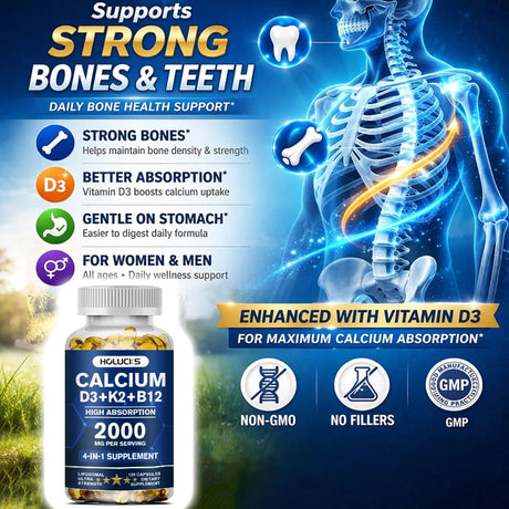 HOLUCKS Calcium D3+K2+B12 Capsules, with Calcium & Vitamin D3, Support Bone, Muscle & Heart Health