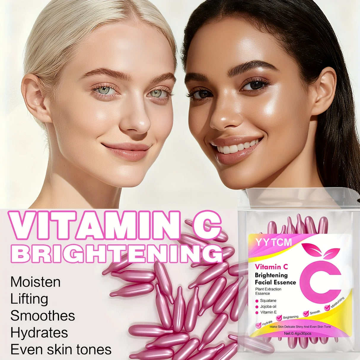 Vitamin C Skin-Brightening and Moisturizing Capsule Essence, Hydrates and Smooths the Skin, Contains Plant-Based Squalane, Vitamin E, Magnolia Oil, and Jojoba Seed Oil for Deep Hydration and Skin Brightening Essence (0.4Gx30