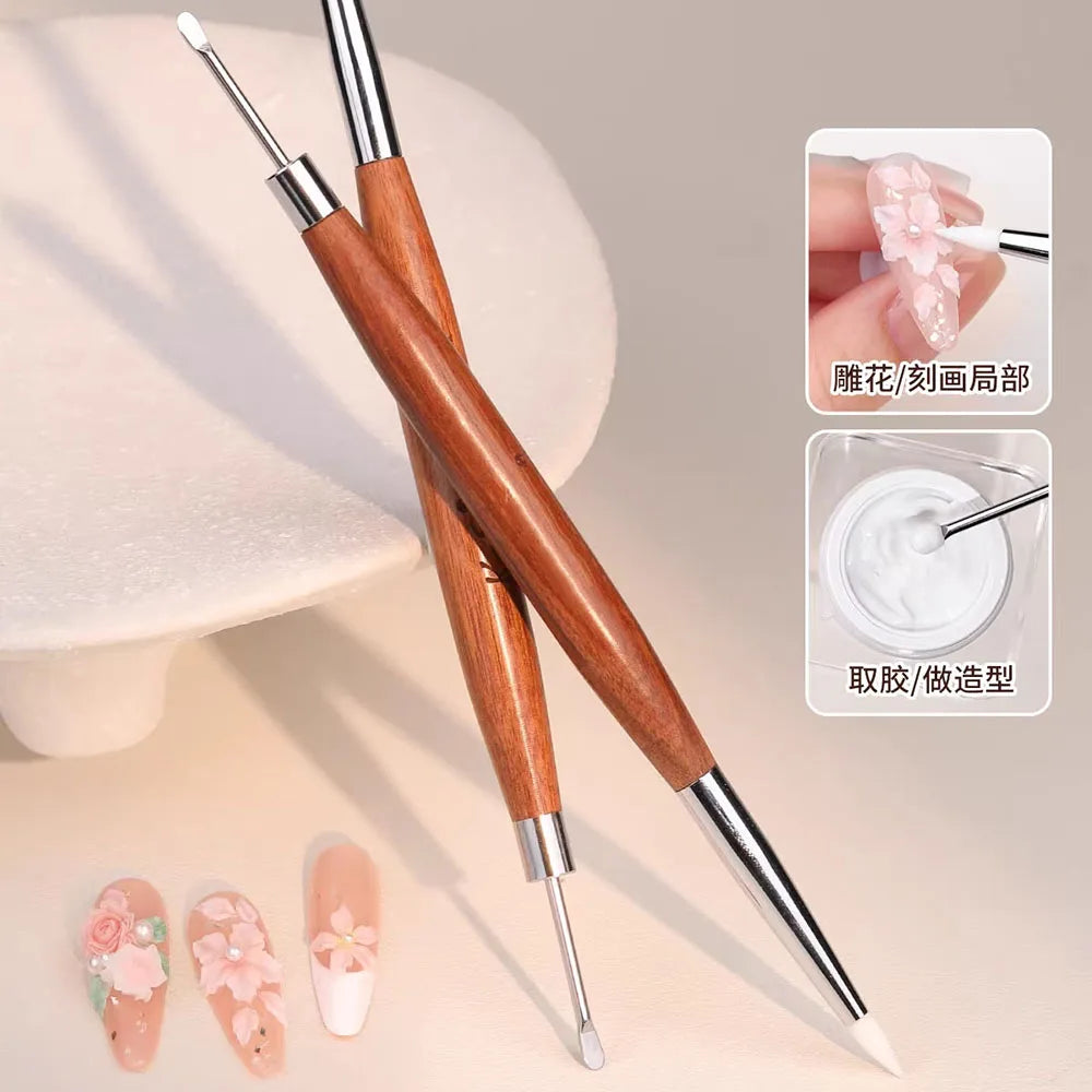 2Pcs Silicone Nail Art Carving Pen Double-Ended Nail Sculpting Tool with Wooden Handle for 3D Gel Modeling Painting and Design