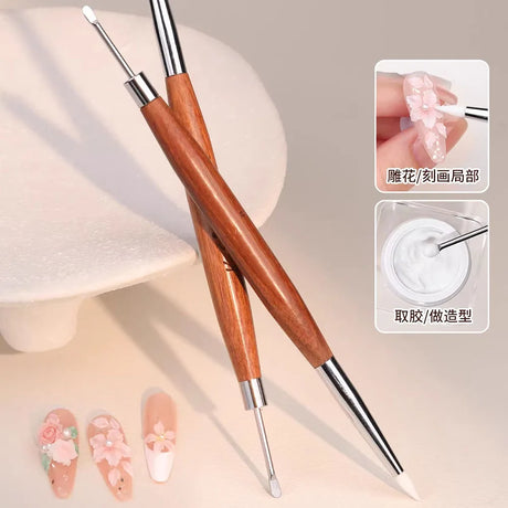 2Pcs Silicone Nail Art Carving Pen Double-Ended Nail Sculpting Tool with Wooden Handle for 3D Gel Modeling Painting and Design