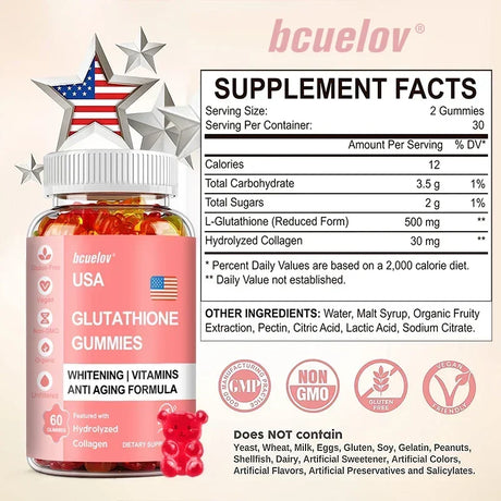 Bcuelov Glutathione Gummies - Promotes Healthy Skin and Youthful Appearance Hydrolyzed Collagen Supplement
