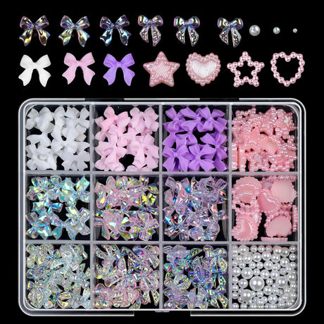 12Grids/Box 3D Mixed Bowknot Pearl Heart Nail Charms Flatback Resin Flower,Star,Moon Nail Rhinestones DIY Nail Art Decorations &
