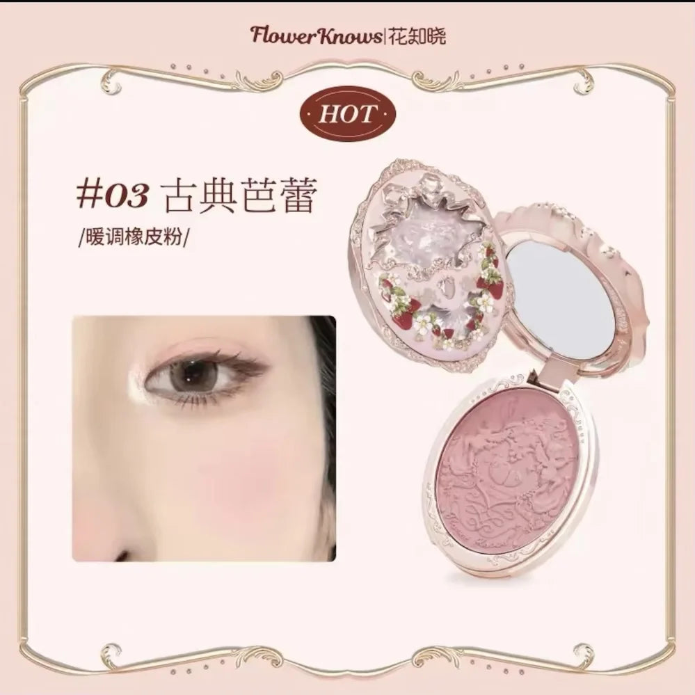 Flower Knows Strawberry Rococo Blush 02 Embossed Blush Face Makeup Matte Shimmer Waterproof Natural Nude Brightening Cheek
