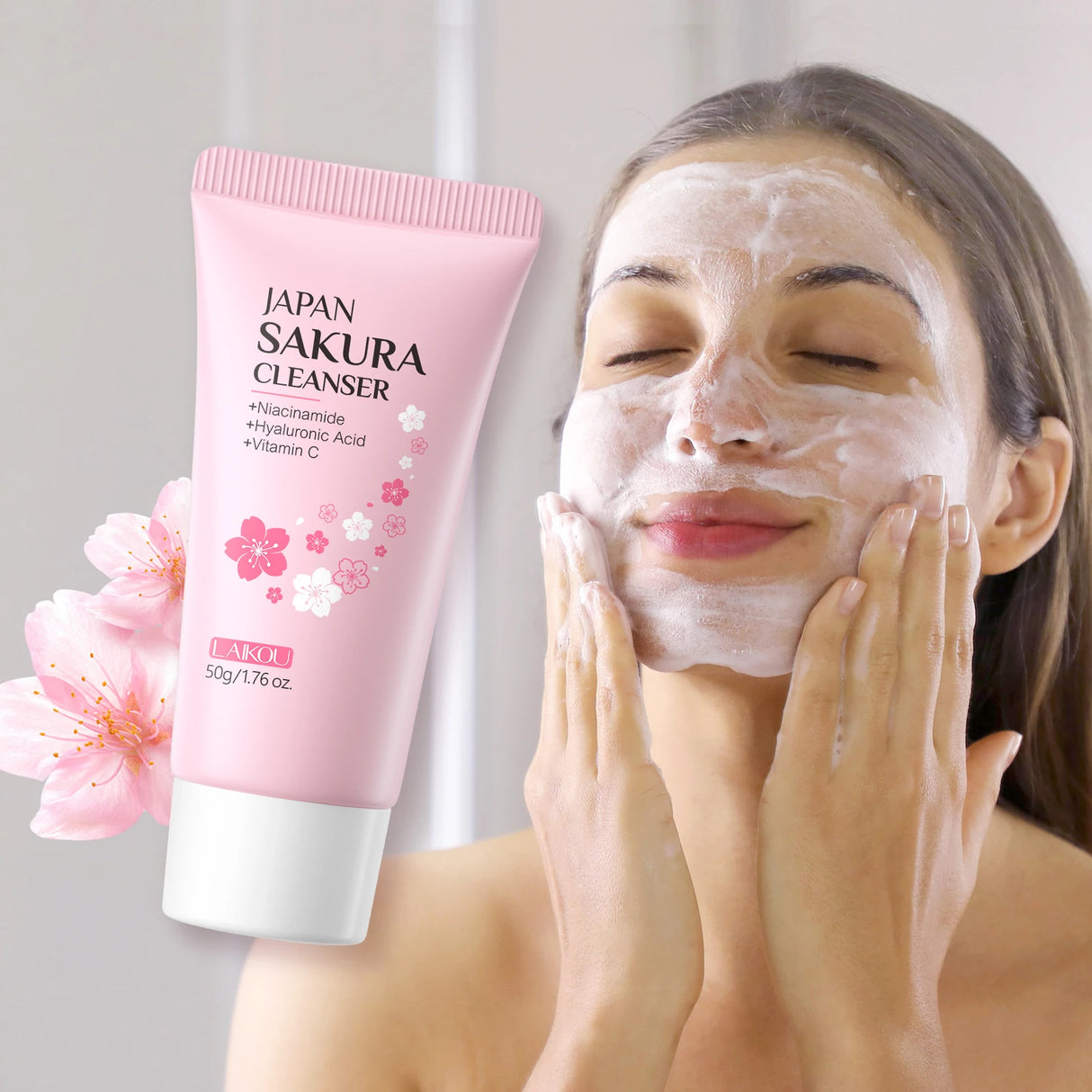 LAIKOU Japan Sakura Facial Cleanser Oil Control Cleansing Face Wash Cream Pore Clean