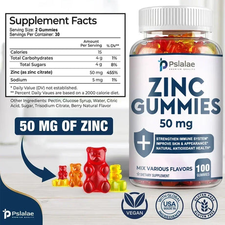 Zinc Gummies 50 Mg - It Helps Improve Cognitive Function, Improve Mood, Enhance Immune Defense, and Antioxidant Effects