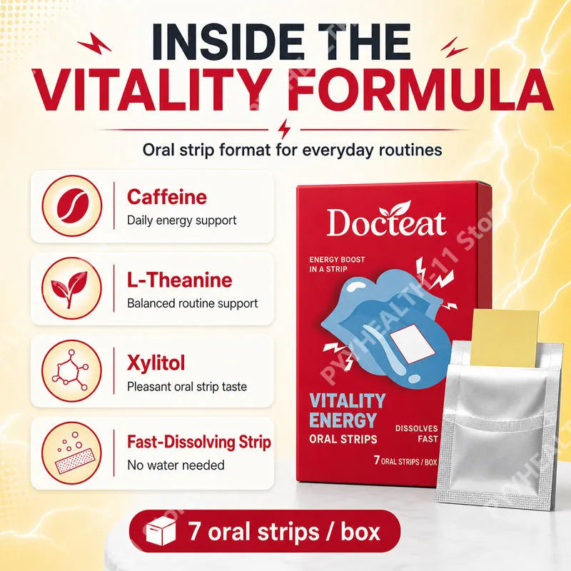 Docteat Vitality Energy Oral Strips with Caffeine and L-Theanine To Quickly Relieve Fatigue and Improve Concentration 7 Strips