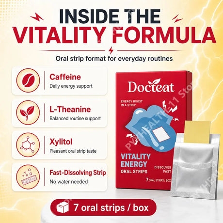 Docteat Vitality Energy Oral Strips with Caffeine and L-Theanine To Quickly Relieve Fatigue and Improve Concentration 7 Strips