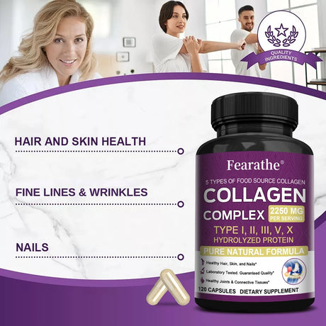 Multi Collagen Complex Capsules, 5-Type Collagen Peptides, Support Skin Hair Nail Joint Bone Nutrition Immune & Digestive Health