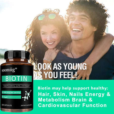 Vegan Biotin Supplement 5000 Mcg, Hair, Skin, Nails and Supports Normal Brain Function and Cognitive Abilities - 120 Capsules