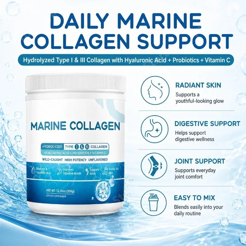 Marine Collagen Peptides Powder Type I III Collagen with Probiotics Vitamin C Hyaluronic Unflavored  12.35oz/35 Servings