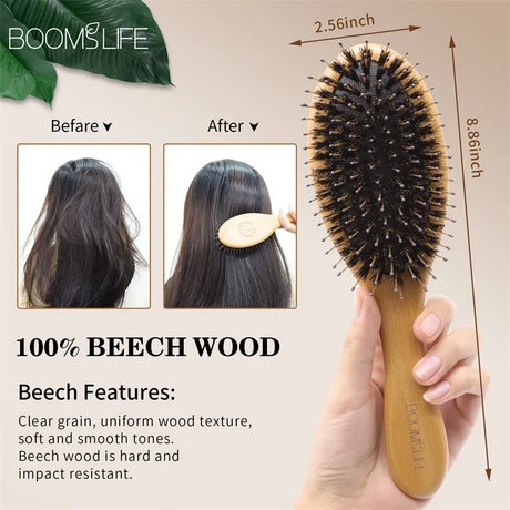 Bristle Hair Brush Women Hair Anti-Static Scalp Massage Comb Wood Hair Brush for Curly Thick Long Hair Detangler