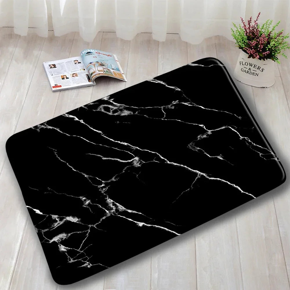 Abstract Marble Bath Mat Sets Modern Geometric Gold Lines Blue Texture Pattern Bathroom Decor Carpet Non-Slip Rugs Toilet Cover