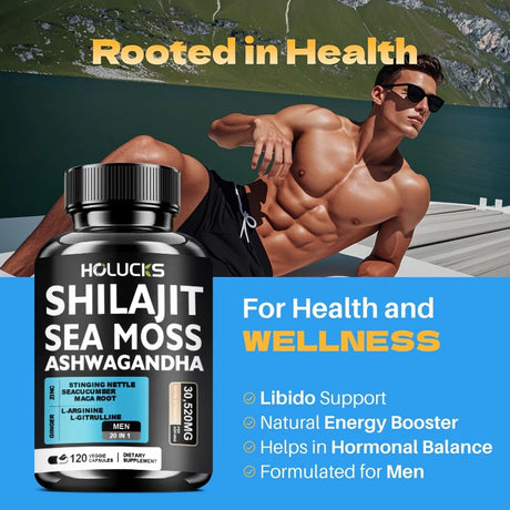 Premium Sea Moss Shilajit Ashwagandha Herbal Capsules, Boost Energy, Immune Support, Enhance Vitality & Overall Wellness