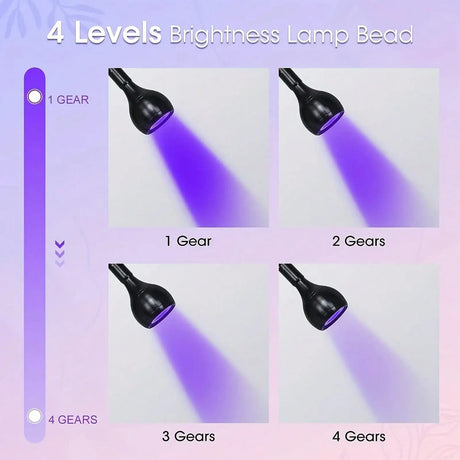 UV Glue Curing Lamp – 4-Level Dimming Clip Light With Purple/Ultraviolet Light | Portable Nail & Craft Adhesive Dryer In Silvery Pink & Black | Professional-Grade For DIY, Nail Art & Repairs