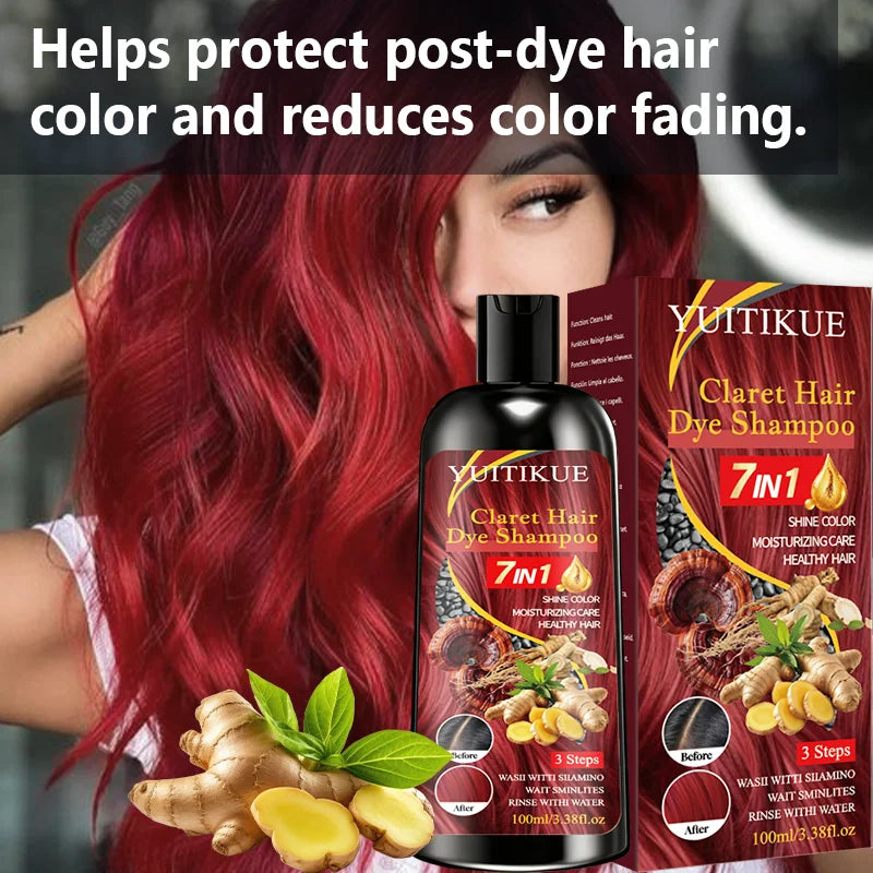 YUITIKUE 100ml Claret Hair Dye Shampoo, 7IN 1 Quick Coloring, Moisturizing Care with Natural Ingredients for Shiny, Healthy Hair