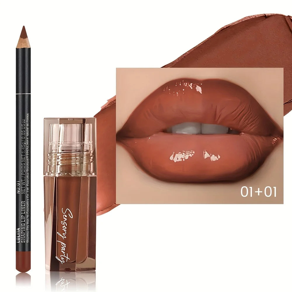 2 PCS Moisturizing lip gloss and lip liner set - 3D precise lip shaping for a perfect gradient lip look.