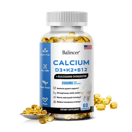 Calcium + D3 + K2 + B12 Capsules - Support Bone and Muscle Health, Replenish Joints