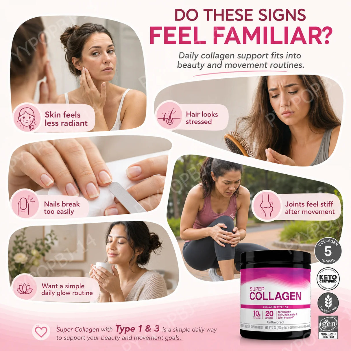Super Collagen Powder Type 1 & 3 Hydrolyzed Bovine Collagen Supports Healthy Looking Skin Hair Nails Unflavored 20 Servings