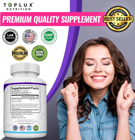 Premium Collagen Peptides Supplement 1500mg Collagen Peptides Complex for Hair, Nails, Skin, Bone & Joint Health - 90 Capsules