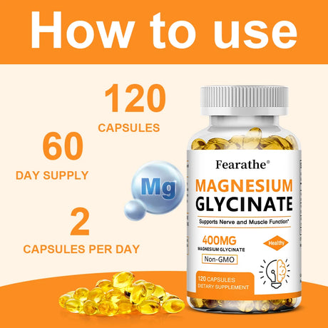 Magnesium Glycinate 400mg Capsules, Support Muscle, Bone, Heart, Nerve, Sleep Quality & Immune System Health, Non-GMO