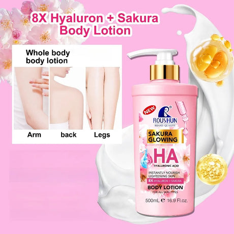 500ml ROU SHUN HYALURON ACID+SAKURA Body Lotion Large Capacity Hyaluronic Acid+Sakura Body Lotion Moisturizing Body Lotion Long-