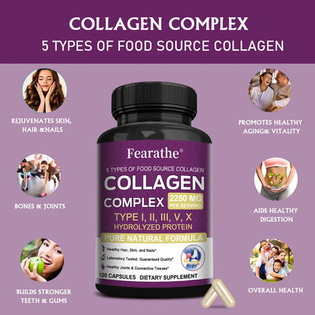 Multi Collagen Complex Capsules, 5-Type Collagen Peptides, Support Skin Hair Nail Joint Bone Nutrition Immune & Digestive Health