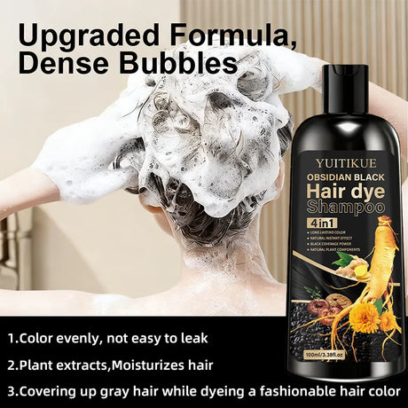 YUITIKUE Plant Extract Black Hair Dye Shampoo, Quick Gray Cover Up Even Color No Stain Gentle Hair Care Shampoo Dye