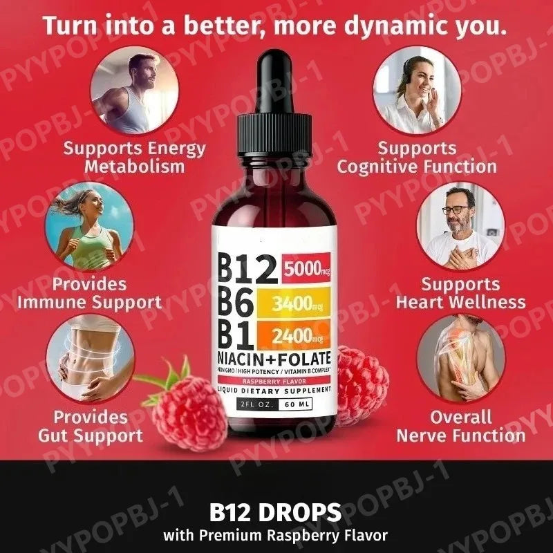 Vitamin B12 Liquid Drops 60ml Raspberry Flavor with Vitamin B6+B1 Etc Multivitamin Support Energy Recovery & Brain,Heart Health